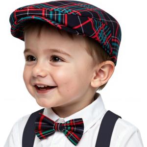imageBoy Hat Newsboy Cap 2pcs Vintage Drivers Cap with Adjustable Bow Tie Infant Beret Flat HatBlack Grid