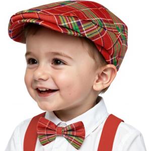 imageBoy Hat Newsboy Cap 2pcs Vintage Drivers Cap with Adjustable Bow Tie Infant Beret Flat HatChristmas Grid