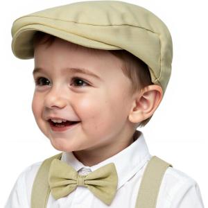 imageBoy Hat Newsboy Cap 2pcs Vintage Drivers Cap with Adjustable Bow Tie Infant Beret Flat HatKhaki