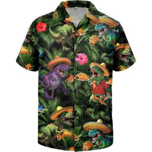 imageFunny Hawaiian Shirts for Men Short Sleeve Fun Beach Shirts Mens Casual Button Down Summer Vacation WearJungle Dino Fiesta