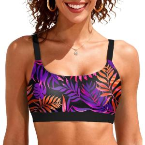 imageSports Bikini Tops for Women Swim Bra Wirefree Workout Swimsuit Top Comfortable Support for Swimming Beach Active WearPurple Colorful Leaves