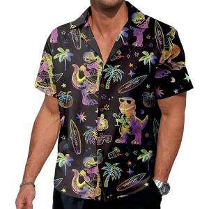 imageNeon Shirts for Men  Vibrant Print Short Sleeve Button Down Rave Outfit for Party Festivals ampamp VacationsNeon Dinosaur