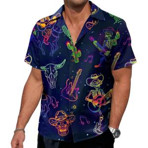 imageNeon Shirts for Men  Vibrant Print Short Sleeve Button Down Rave Outfit for Party Festivals ampamp VacationsNeon Skull