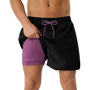 image:imageAmerican Trends Mens Swim Trunks with Compression Liner Quick Dry Swimsuit 5 Mens Board ShortsBlack With Purple Liner