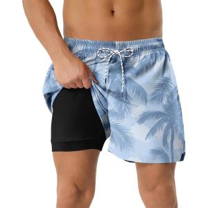 image:imageAmerican Trends Mens Swim Trunks with Compression Liner Quick Dry Swimsuit 5 Mens Board ShortsMisty Blue Palm Tree