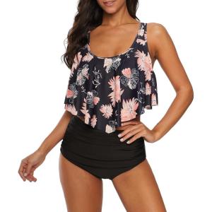 image:imageHigh Waisted Bikini Sets Ruffled Flounce 2 Piece Bathing Suit Plus Size Tankini Swimsuits for Women Sexy Black Flower 1012