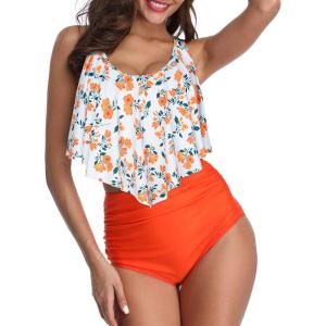 image:imageHigh Waisted Bikini Sets Ruffled Flounce 2 Piece Bathing Suit Plus Size Tankini Swimsuits for Women Sexy Orange Stripes 810