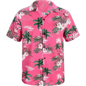 image:imageAmerican Trends Hawaiian Button Down Short Sleeve Shirt1 Pink With Flamingo