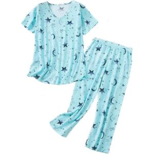 image:imageAmerican Trends 2 Pack Cotton Pajamas for Women Set Two Piece Short Sleeve Sleepwear Tops with Capri Pants Summer Pj SetA Green Star