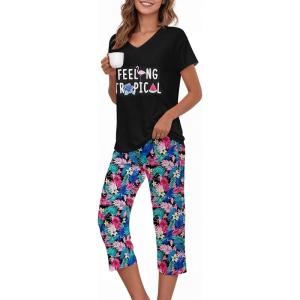 image:imageAmerican Trends 2 Pack Cotton Pajamas for Women Set Two Piece Short Sleeve Sleepwear Tops with Capri Pants Summer Pj SetB Black Colorful Leaves