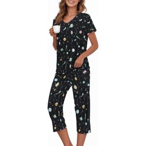 image:imageAmerican Trends 2 Pack Cotton Pajamas for Women Set Two Piece Short Sleeve Sleepwear Tops with Capri Pants Summer Pj SetB Black Planet