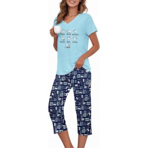 image:imageAmerican Trends 2 Pack Cotton Pajamas for Women Set Two Piece Short Sleeve Sleepwear Tops with Capri Pants Summer Pj SetB Dark Blue and White Cat