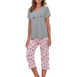 image:imageAmerican Trends 2 Pack Cotton Pajamas for Women Set Two Piece Short Sleeve Sleepwear Tops with Capri Pants Summer Pj SetB Gray Powder Blue Cup