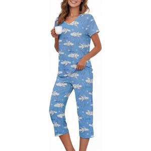image:imageAmerican Trends 2 Pack Cotton Pajamas for Women Set Two Piece Short Sleeve Sleepwear Tops with Capri Pants Summer Pj SetBlue Moon