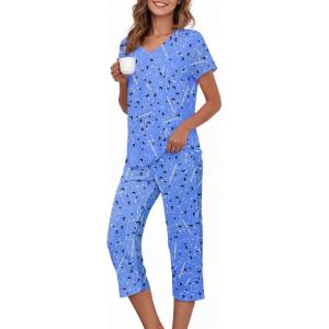 image:imageAmerican Trends 2 Pack Cotton Pajamas for Women Set Two Piece Short Sleeve Sleepwear Tops with Capri Pants Summer Pj SetC Beidou Star