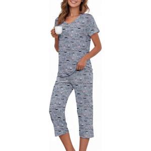 image:imageAmerican Trends 2 Pack Cotton Pajamas for Women Set Two Piece Short Sleeve Sleepwear Tops with Capri Pants Summer Pj SetC Grey Coffee