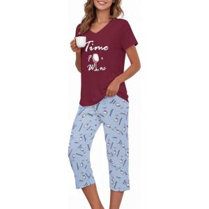 image:imageAmerican Trends 2 Pack Cotton Pajamas for Women Set Two Piece Short Sleeve Sleepwear Tops with Capri Pants Summer Pj SetC Wine Glass With Red Bottom