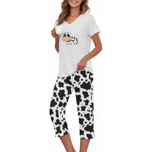 image:imageAmerican Trends 2 Pack Cotton Pajamas for Women Set Two Piece Short Sleeve Sleepwear Tops with Capri Pants Summer Pj SetCow Print
