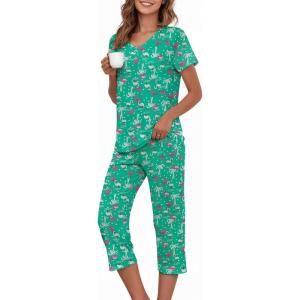 image:imageAmerican Trends 2 Pack Cotton Pajamas for Women Set Two Piece Short Sleeve Sleepwear Tops with Capri Pants Summer Pj SetFlamingo on Green
