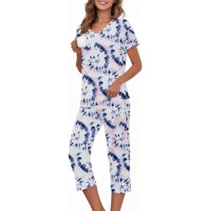 image:imageAmerican Trends 2 Pack Cotton Pajamas for Women Set Two Piece Short Sleeve Sleepwear Tops with Capri Pants Summer Pj SetIndigo Powder