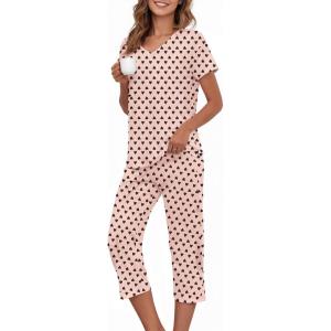 image:imageAmerican Trends 2 Pack Cotton Pajamas for Women Set Two Piece Short Sleeve Sleepwear Tops with Capri Pants Summer Pj SetPink Black Heart