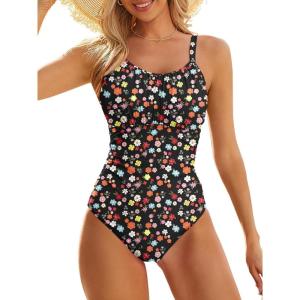 image:imageModest One Piece Swimsuit Women Tummy Control 2026 Long Torso Slimming Bathing Suit Cute Floral Swim SuitsB Black Colorful Floral