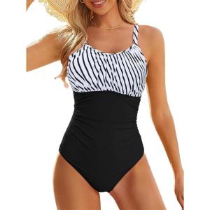 image:imageModest One Piece Swimsuit Women Tummy Control 2026 Long Torso Slimming Bathing Suit Cute Floral Swim SuitsC Black White Slash