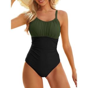 image:imageModest One Piece Swimsuit Women Tummy Control 2026 Long Torso Slimming Bathing Suit Cute Floral Swim SuitsC Green Black Splice