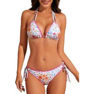 image:imageAmerican Trends Womens String Triangle Bikini Two Piece Bikini Sets for Women Sexy Swimsuit Halter Top Bathing SuitPink Floral