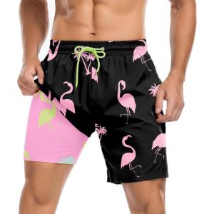 image:imageAmerican Trends Mens Swim Trunks 7 Inch with Compression Liner  Quick Dry UPF 50 Beach Bathing Suit for MenF2 Black Pink Coconut Flamingo