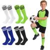 image:imageAmerican Trends 4 Pairs Kids Soccer Baseball Socks Youth Boys Girls Long Striped Socks with Soccer GiftsWhite  Black  Royal Blue  Neon Green