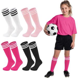 image:imageAmerican Trends 4 Pairs Kids Soccer Baseball Socks Youth Boys Girls Long Striped Socks with Soccer GiftsBlack  White  Hot Pink  Pink