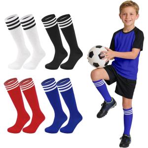 image:imageAmerican Trends 4 Pairs Kids Soccer Baseball Socks Youth Boys Girls Long Striped Socks with Soccer GiftsBlack  White  Red  Royal Blue
