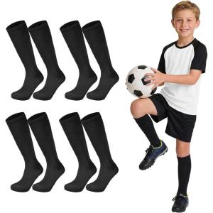 image:imageAmerican Trends 4 Pairs Kids Soccer Baseball Socks Youth Boys Girls Long Striped Socks with Soccer GiftsBlack