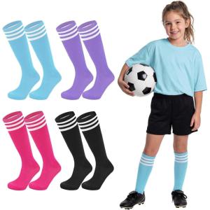 image:imageAmerican Trends 4 Pairs Kids Soccer Baseball Socks Youth Boys Girls Long Striped Socks with Soccer GiftsLight Blue  Purple  Hot Pink  Black