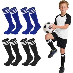 image:imageAmerican Trends 4 Pairs Kids Soccer Baseball Socks Youth Boys Girls Long Striped Socks with Soccer GiftsRoyal Blue  Black
