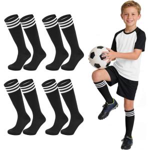 image:imageAmerican Trends 4 Pairs Kids Soccer Baseball Socks Youth Boys Girls Long Striped Socks with Soccer GiftsStriped Black White