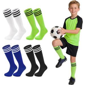 image:imageAmerican Trends 4 Pairs Kids Soccer Baseball Socks Youth Boys Girls Long Striped Socks with Soccer GiftsWhite  Black  Royal Blue  Neon Green