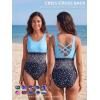 image:imageAmerican Trends Athletic One Piece Swimsuits for Women Modest Bathing Suits Criss Cross Back Water Aerobics SwimwearI Blue and Black Contrast