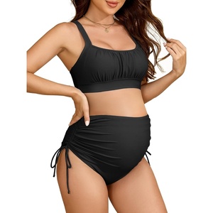 image:imageAmerican Trends Maternity Swimsuit Two Piece  Adjustable Drawstring Side Ruched Pregnancy Bikini High Waisted Bathing SuitBlack