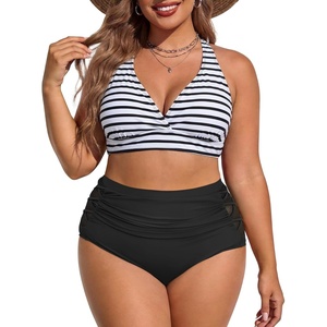 image:imageAmerican Trends Womens Plus Size Bikini Set  Tummy Control High Waisted 2 Piece Swimsuits Bathing SuitsBlack White Stripe